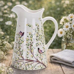 BICO BIRD ON TREE ~ Elegant Ceramic Pitcher with Bird and Leaf Design